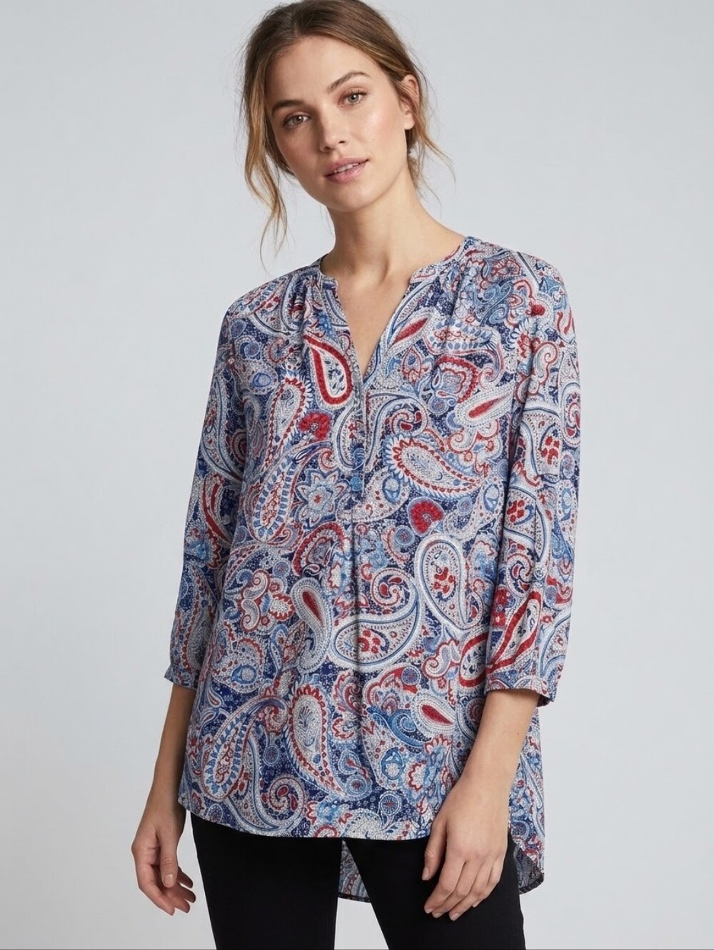 Grand & Greene Blue Red Paisley Rayon Boho Split Neck Henley Tunic Blouse S